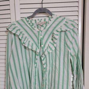 Loft Mint Green Stripe Ruffle Blouse